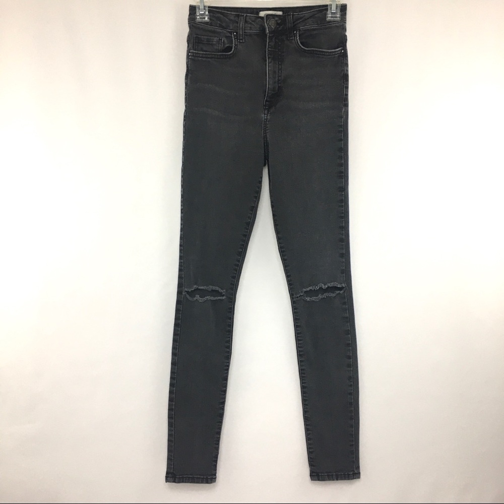 Forever 21 Black Skinny High Rise Distressed Ripped Knee Denim Jeans Size 24
